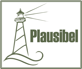 Zeichnung eines Leuchtturms mit Lichtstrahlen neben dem Wort 'Plausibel GmbH' auf hellgrünem Hintergrund.