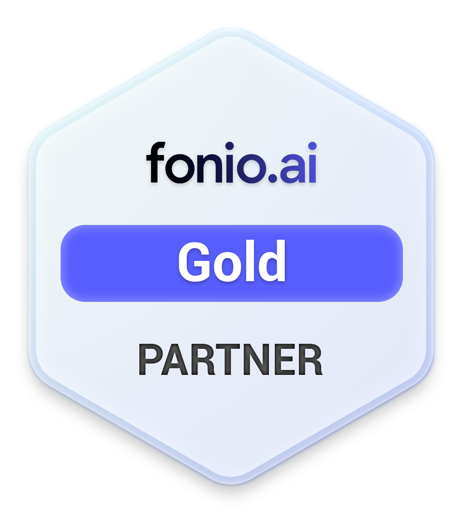 Grafik mit dem Text 'fonio.ai', einem blauen Button mit der Aufschrift 'Gold' und dem Wort 'PARTNER' darunter.