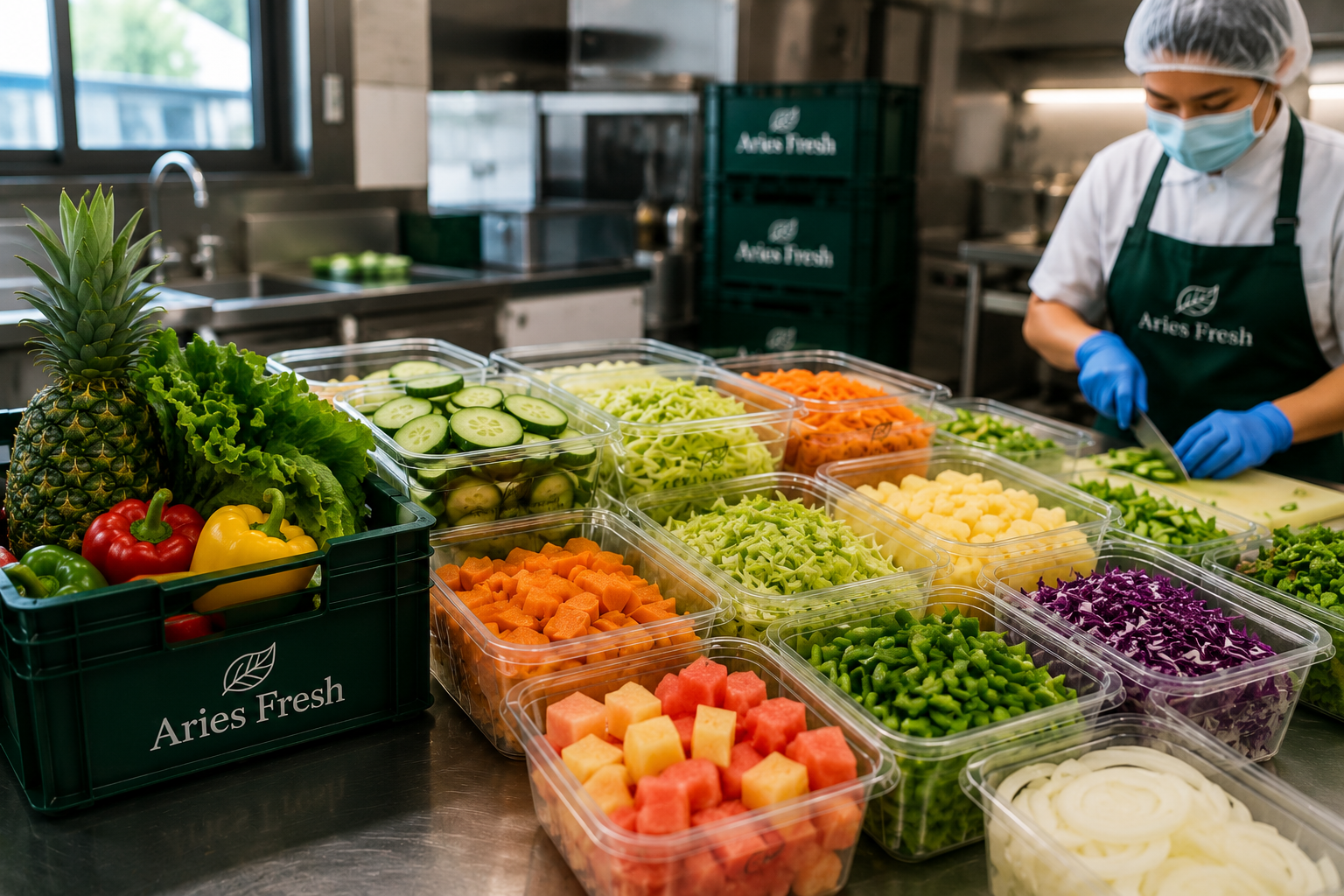 A person wearing a hairnet, mask, and gloves preparing sliced vegetables in a commercial kitchen with various cut vegetables in containers and fresh produce, including pineapple, lettuce, and peppers.