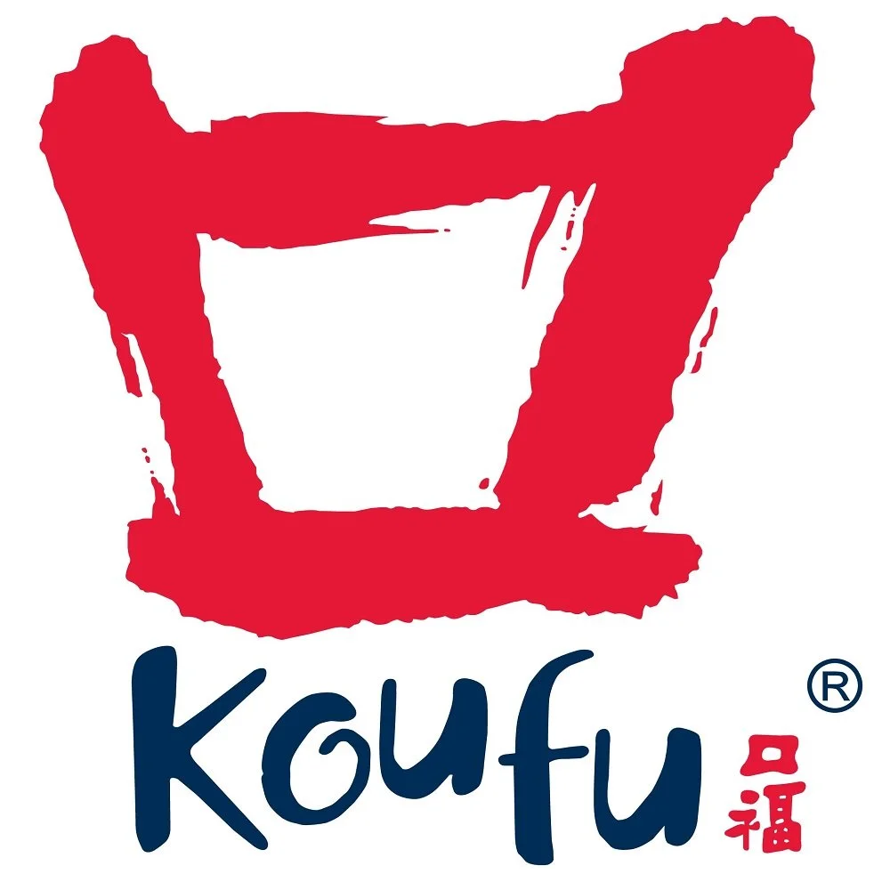 A red brushstroke square frame with the word 'Koufu' written below in blue cursive letters and a red Chinese character to the right of the word.