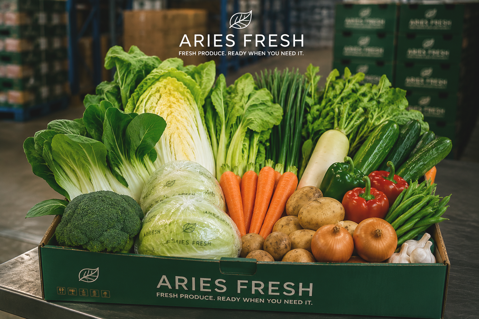 A green box labeled 'Aries Fresh' filled with fresh vegetables including broccoli, head lettuce, carrots, potatoes, zucchini, red, green, and orange bell peppers, garlic, and onions on a countertop in a warehouse setting.