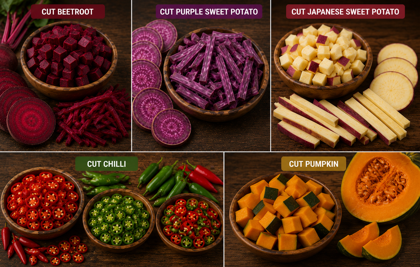 A collage of five images of chopped vegetables: Beetroot, purple sweet potato, Japanese sweet potato, chili peppers, and pumpkin, each labeled and displayed in bowls with slices or chunks next to them.