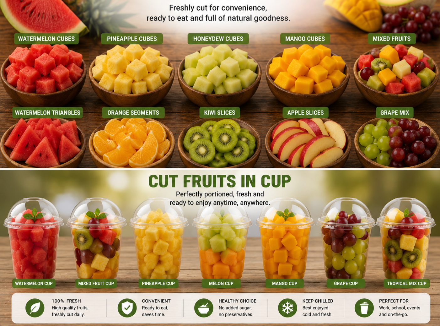 Display of various fresh cut fruits in bowls, including watermelons, pineapples, honeydews, mangoes, mixed fruits, watermelons, oranges, kiwis, apples, and grapes, with packaged fruit cups below.