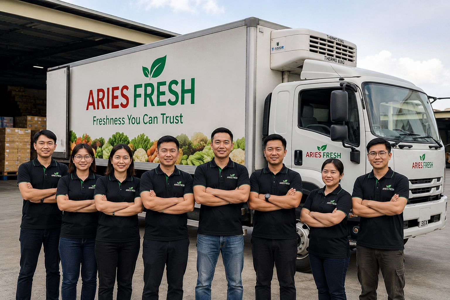 Team of eight people standing in front of a white delivery truck with the Aries Fresh logo and images of vegetables, wearing black polo shirts with green accents and the Aries Fresh logo.