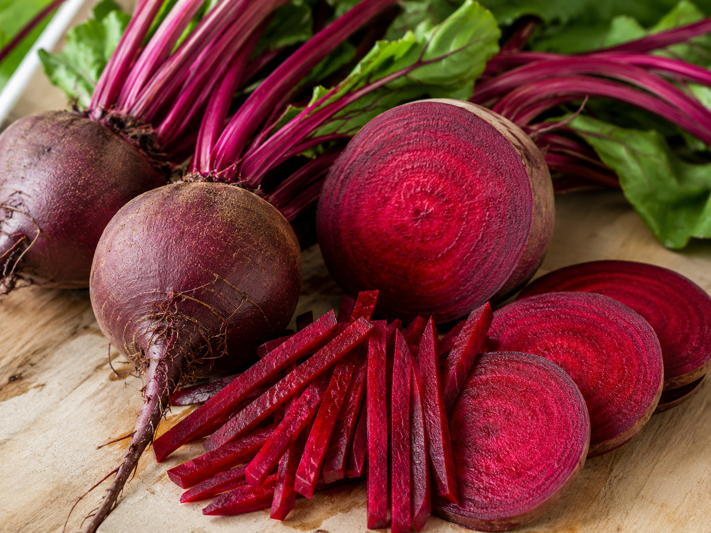 Fresh beets with leaves, whole and sliced, on a wooden surface.