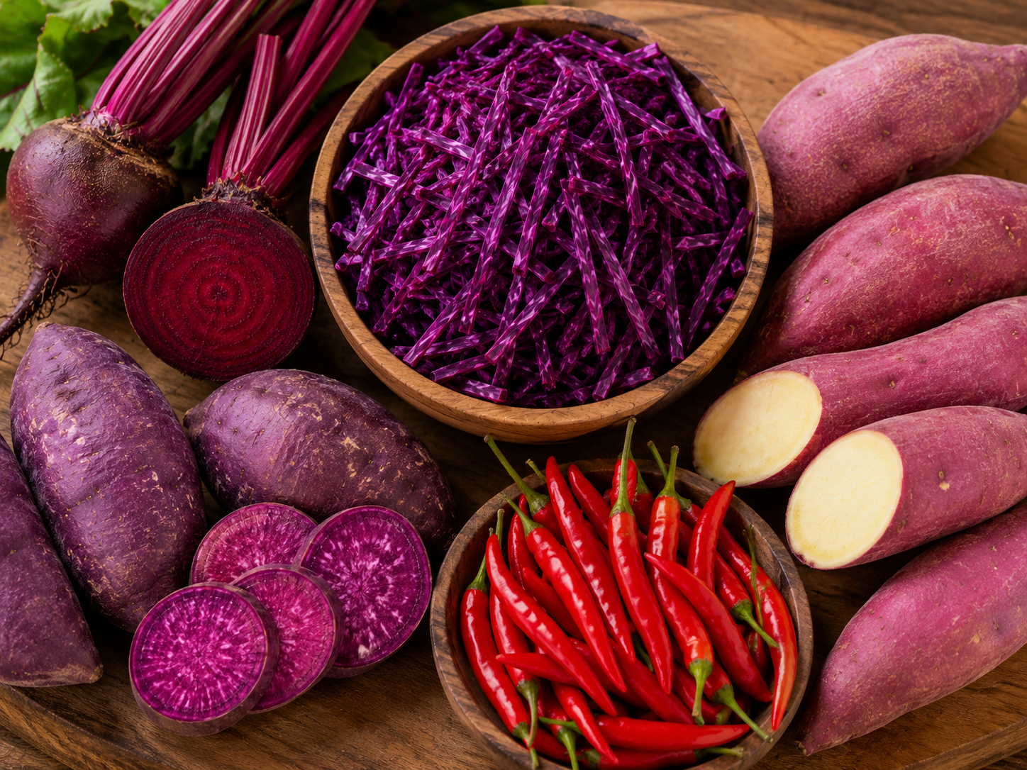 A variety of colorful root vegetables and a bowl of shredded purple cabbage on a wooden surface.