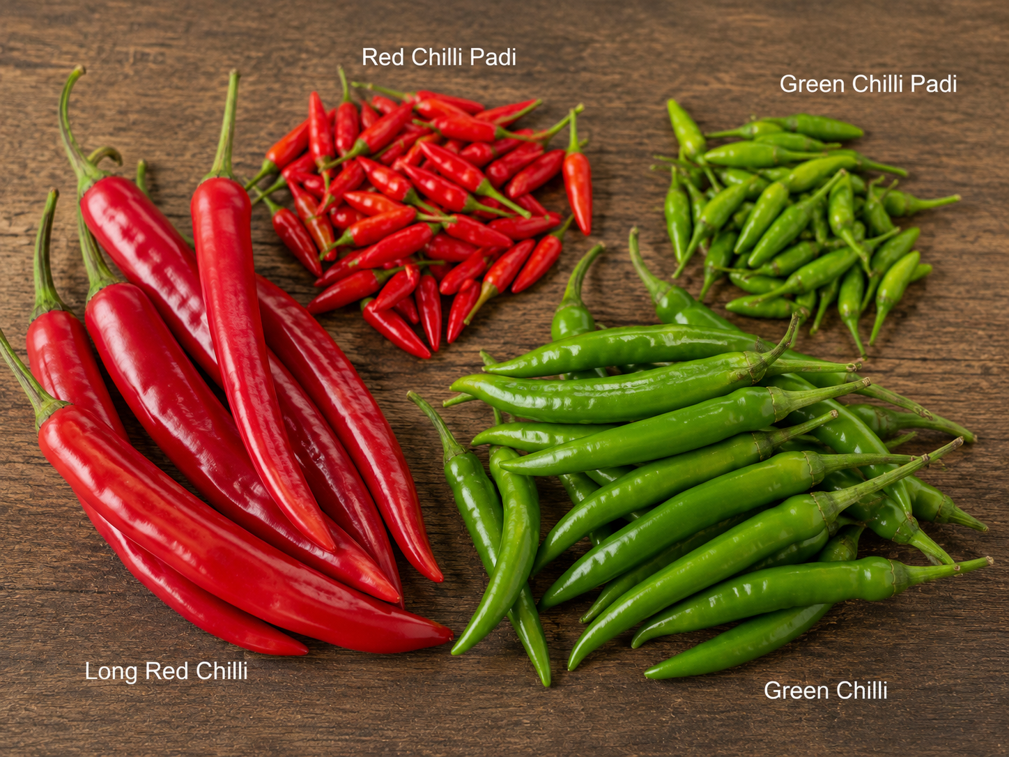 Red chili peppers, green chili peppers, and small red and green chili peppers on a wooden surface.