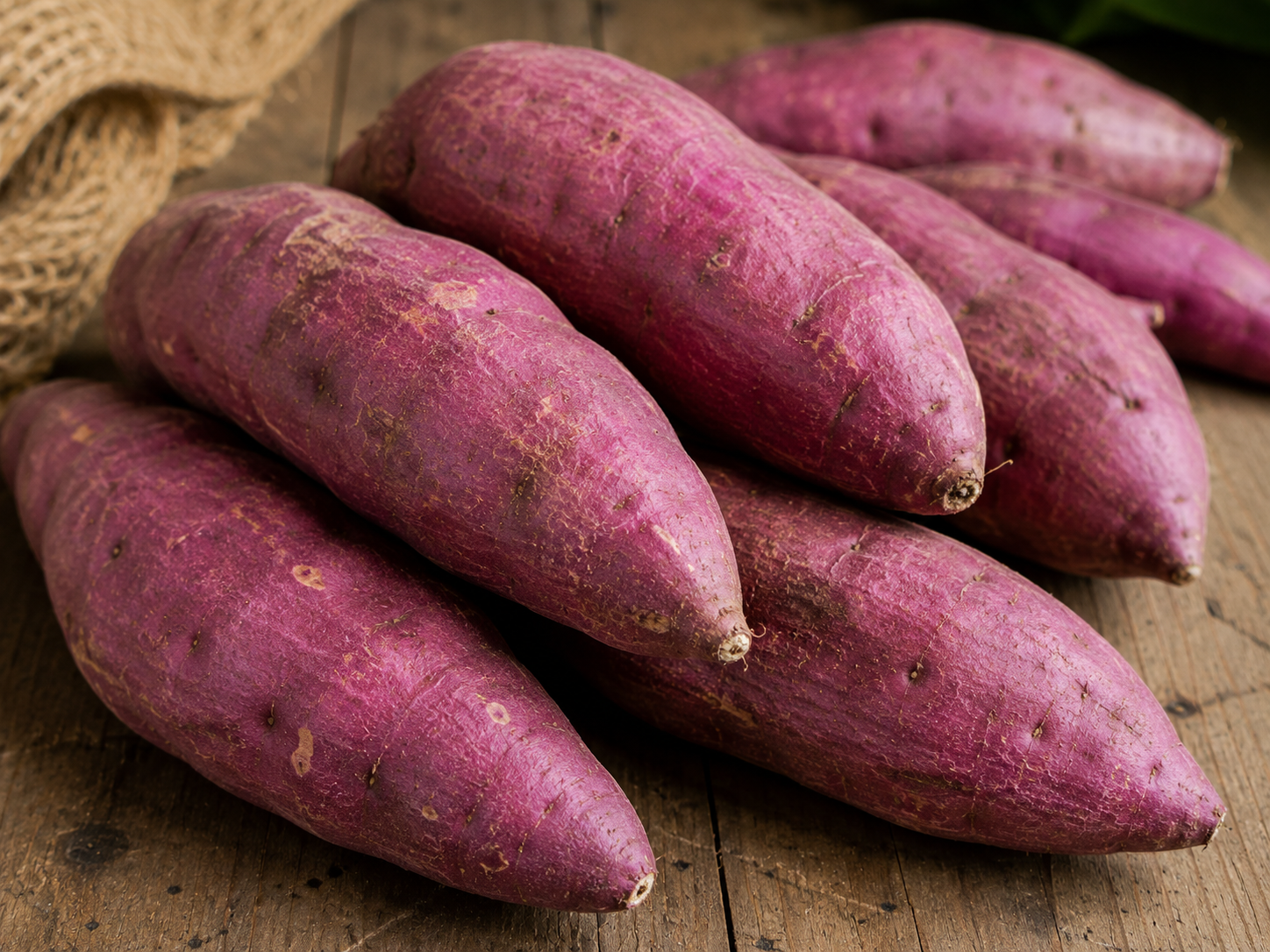 Several purple sweet potatoes on a wooden surface.