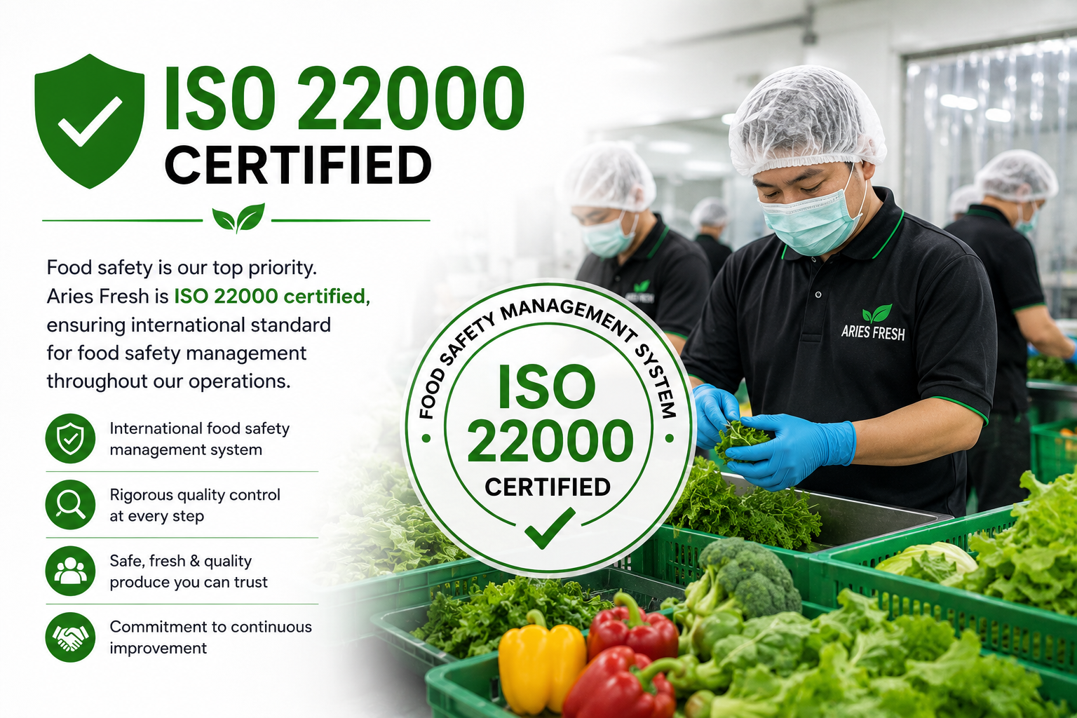 Farm workers wearing masks and gloves inspecting fresh vegetables in a greenhouse, with a large green and white ISO 22000 certification badge overlay.