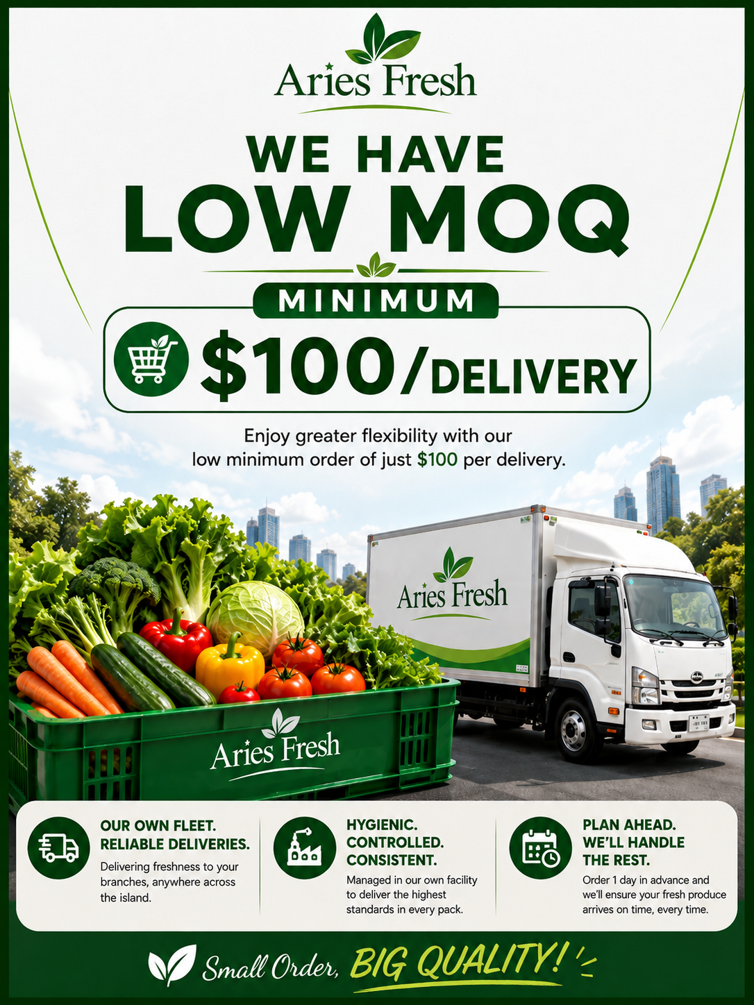 Poster advertising Aries Fresh produce delivery service, emphasizing low minimum order of $100 and free delivery. Features an image of fresh vegetables in a green crate, a delivery truck with Aries Fresh logo, and city skyline.