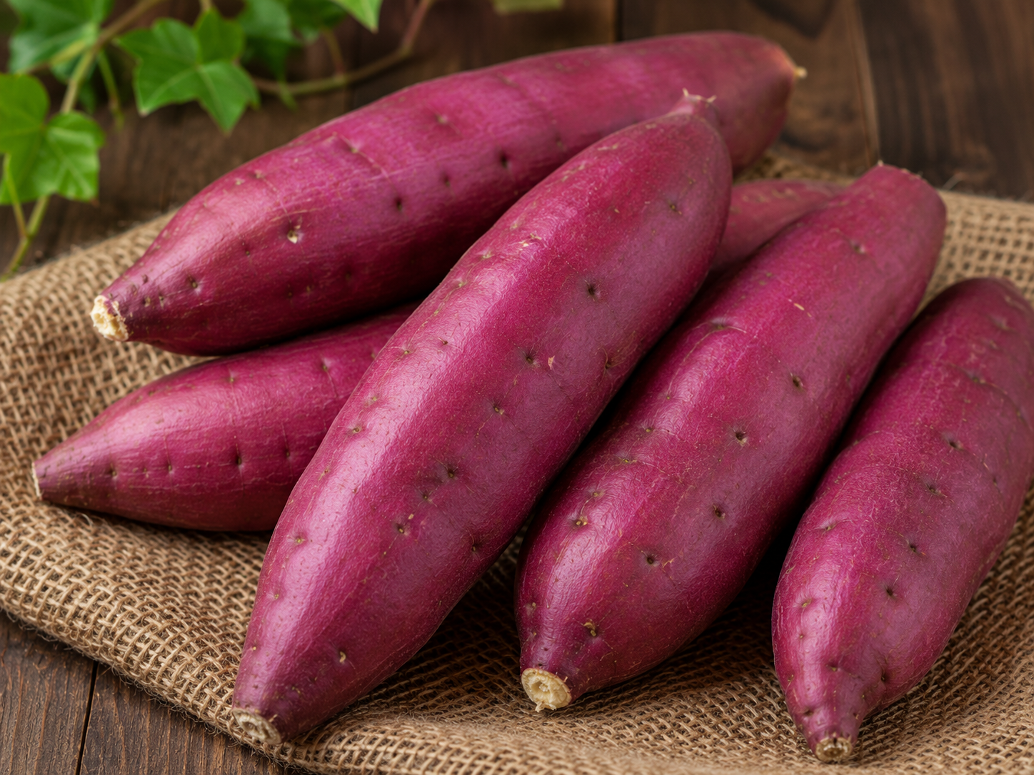 Six sweet potatoes with pinkish-purple skin on a burlap cloth.
