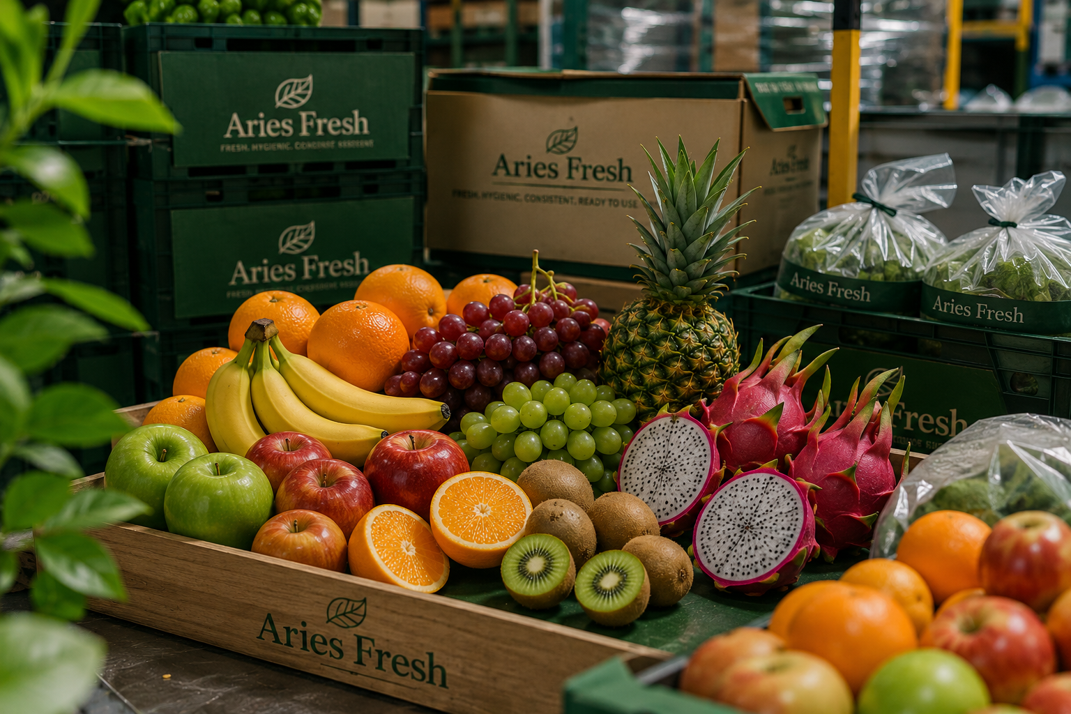 Fresh assorted fruits including oranges, bananas, apples, grapes, kiwi, dragon fruit, pineapple, and clementines in a market display with boxes labeled 'Aries Fresh'.