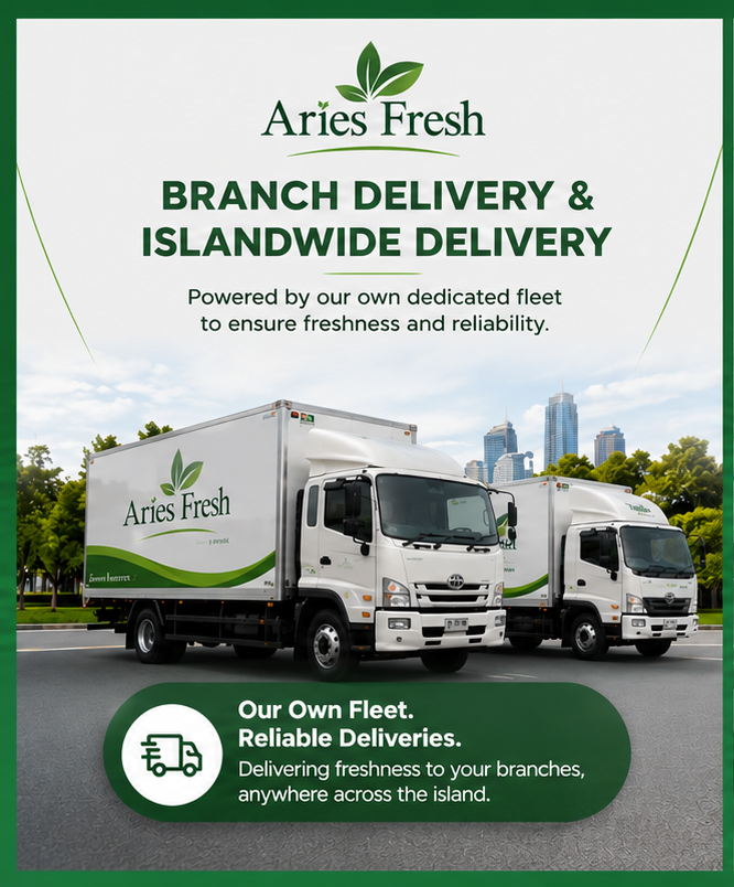 Aries Fresh logo with green leaf design, trucks from Aries Fresh with the company logo, delivery trucks on a city street, promotional text about branch and islandwide delivery, green and white color scheme.