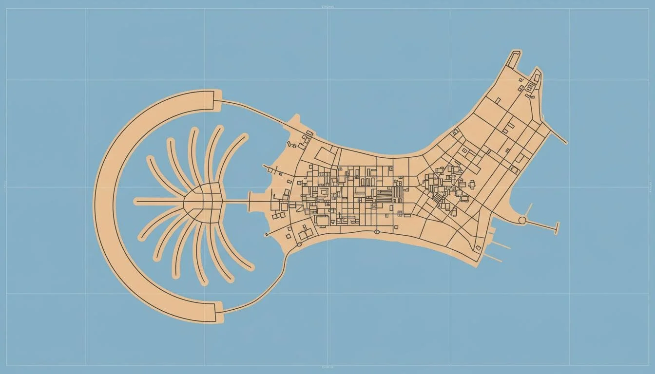 Blue map with an outline of Dubai, including the Palm Jumeirah and Dubai Marina areas.