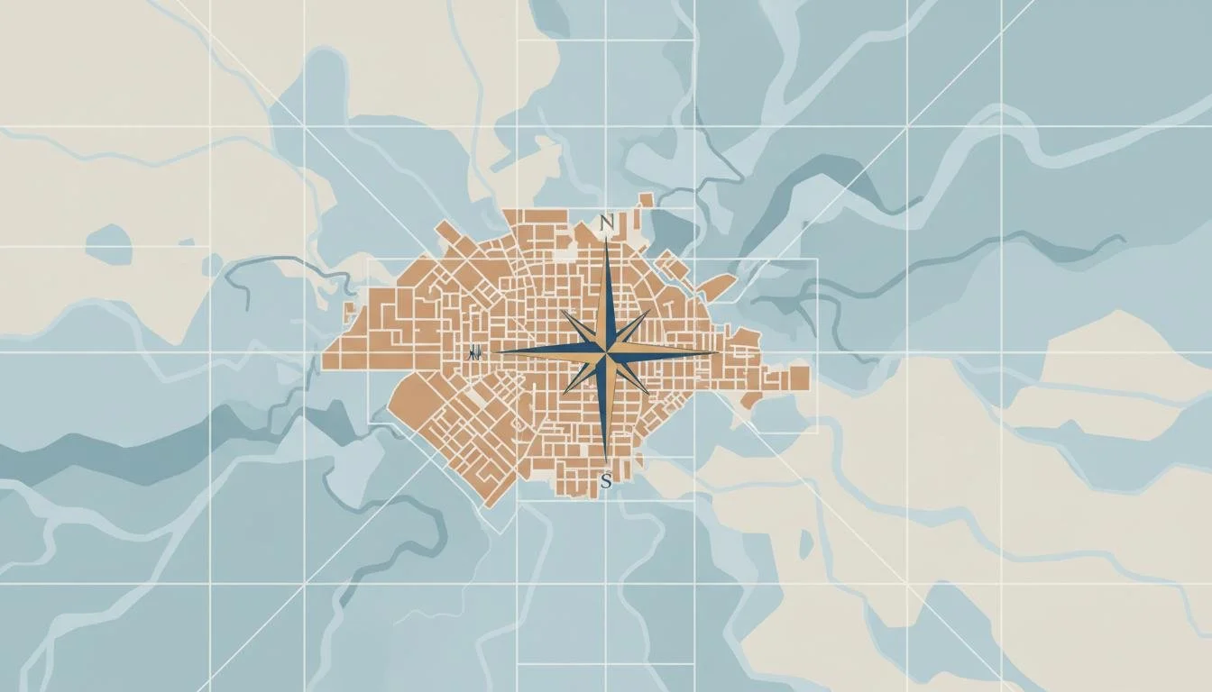 Map of a city with a central compass rose overlay, showing streets and water around the city.