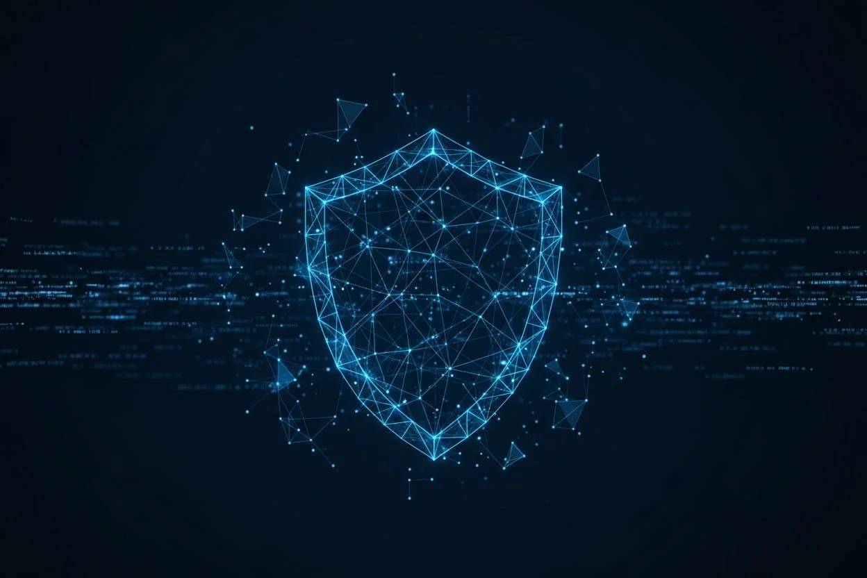 Abstract illustration of data and shield for the field of cybersecurity
