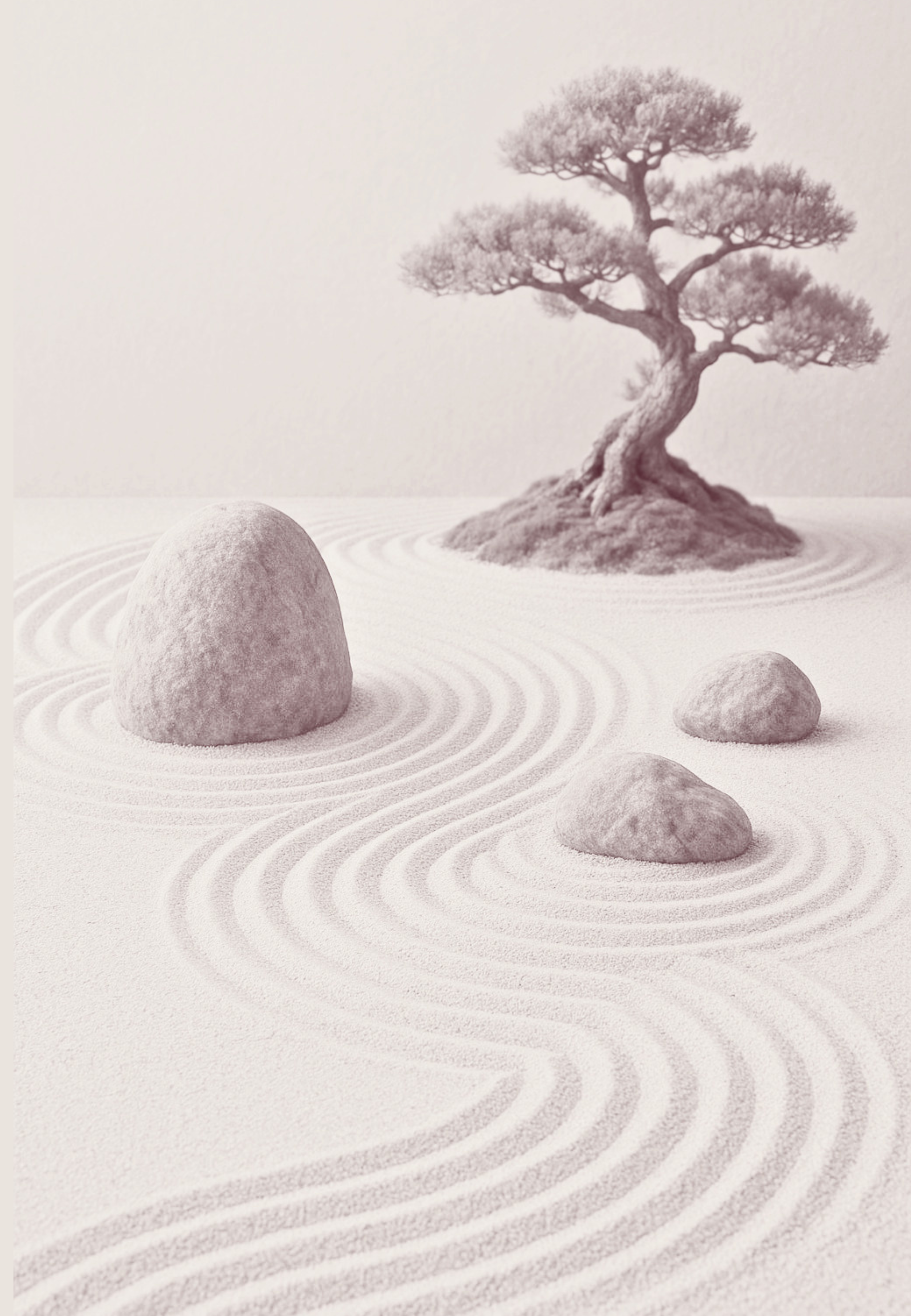 A Zen rock garden with raked sand, several large rocks, and a small bonsai tree on a mound.