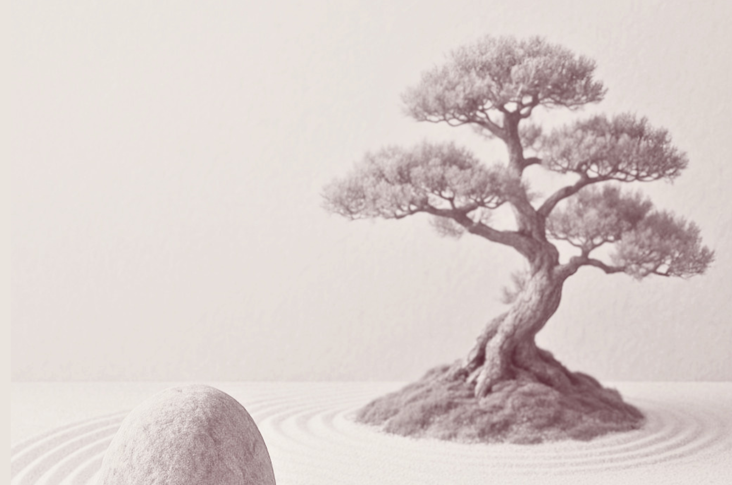 Minimalist black-and-white photo of a windswept pine tree on rocky terrain with undulating lines, creating a surreal landscape.