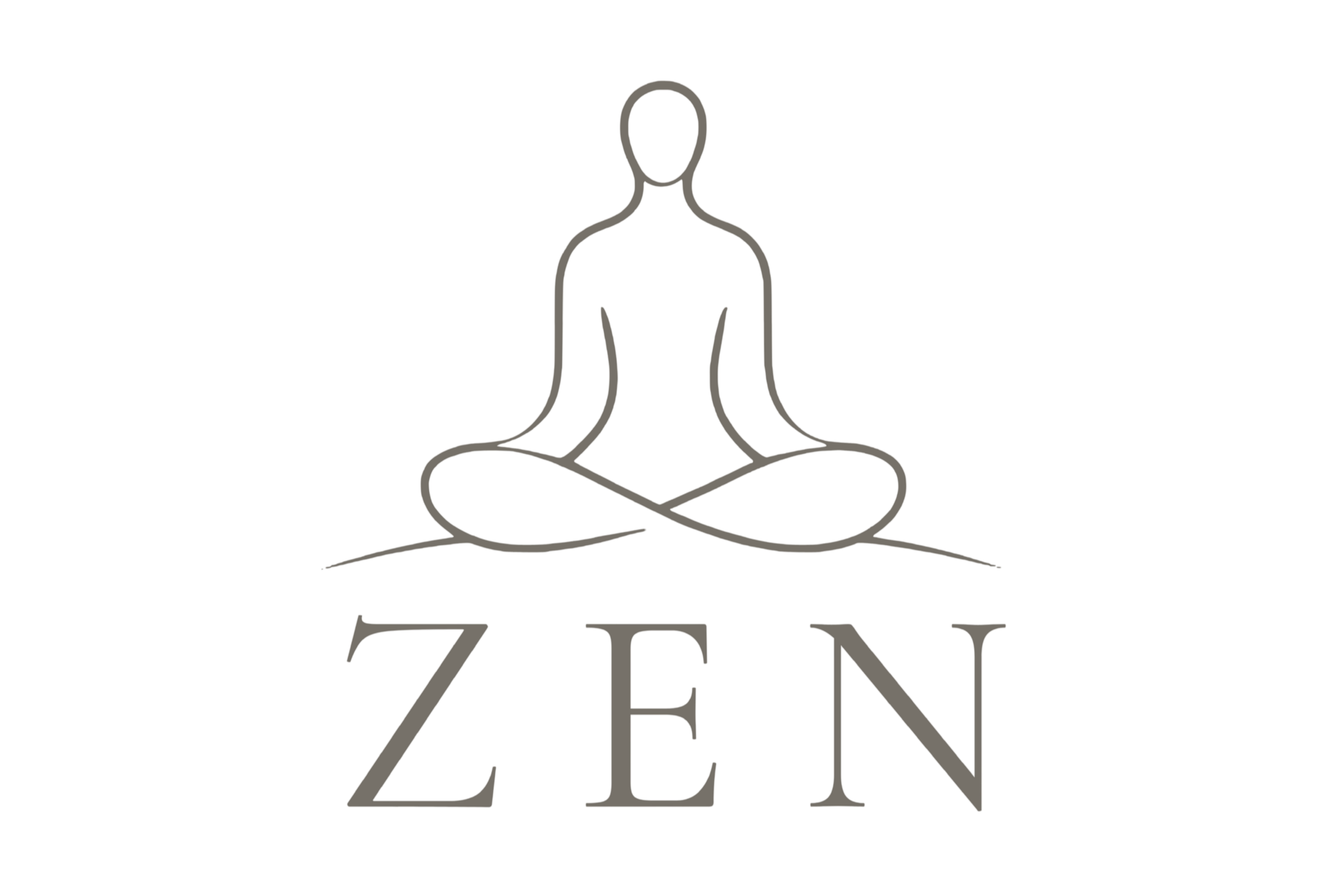 A logo with a minimalistic line drawing of a person practicing meditation in a seated cross-legged position, with the word 'ZEN' below