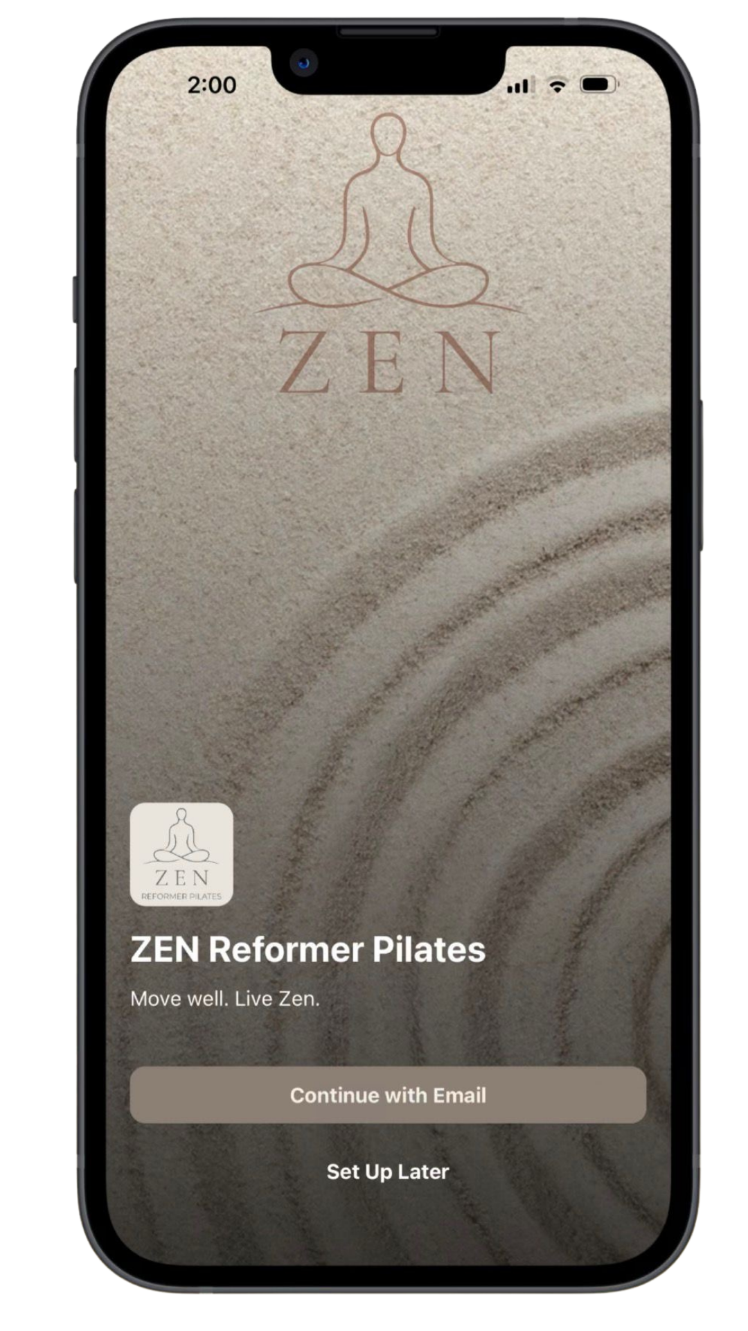 Mobile phone screen displaying the ZEN Reformer Pilates app with a logo of a person meditating and a textured beige background. Options to continue with email or set up later are visible.