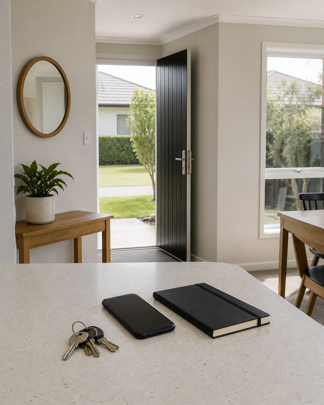 Interior of a home showing a view of the front door open to a yard with grass, bushes, and a house across the street. In the foreground, on a kitchen counter, there is a smartphone, a black notebook with an elastic band, and a set of keys with keychains. The room has natural light coming in from windows.
