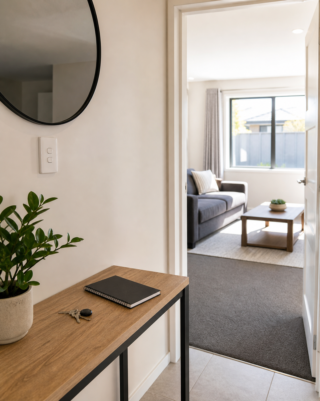 Entryway table with a potted plant, a notebook, and keys, leading to a living room with a gray sofa, a wooden coffee table, and a large window.
