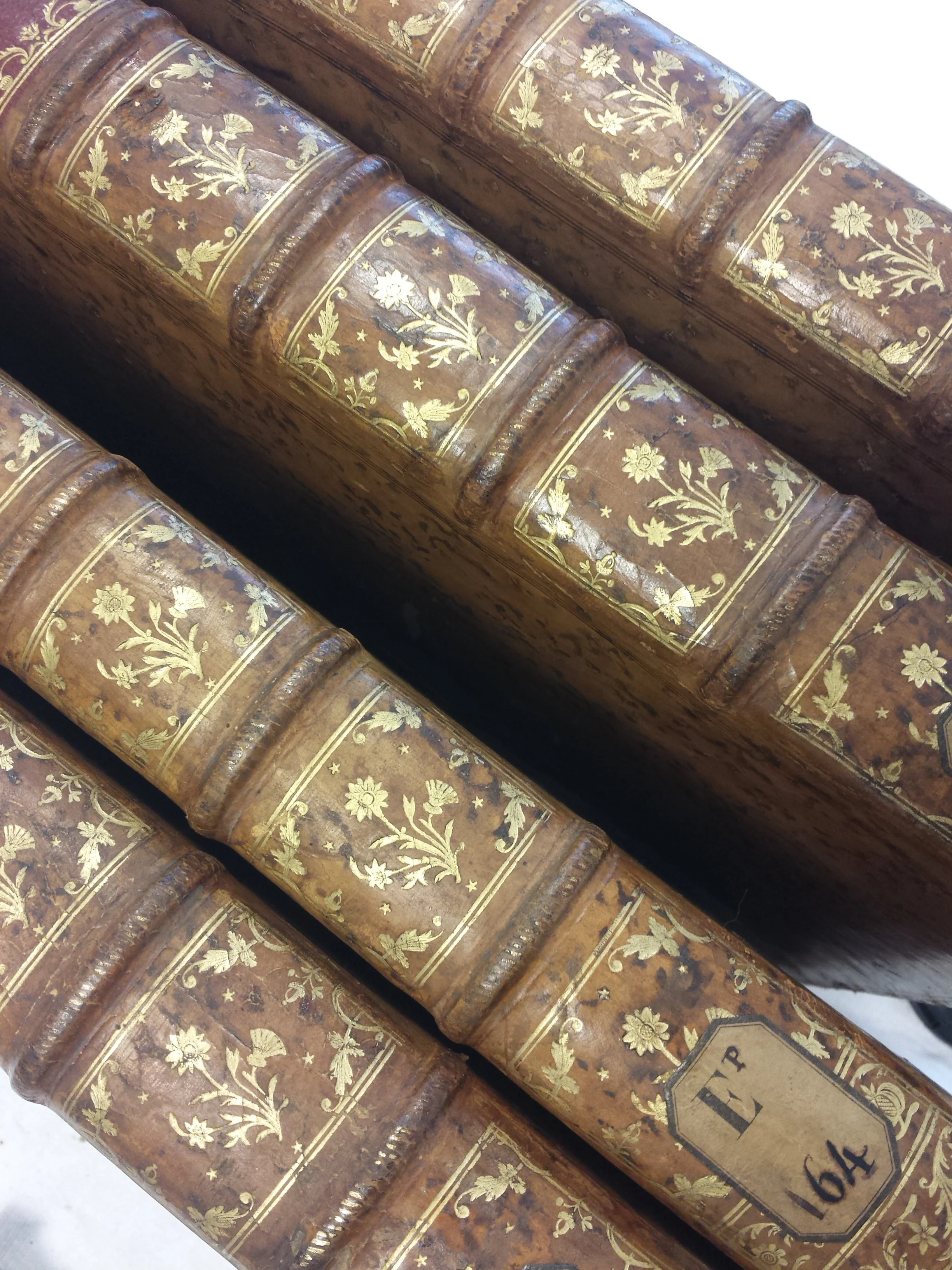 Gros plan de plusieurs vieux livres reliés en cuir avec des décorations dorées florales sur la couverture.