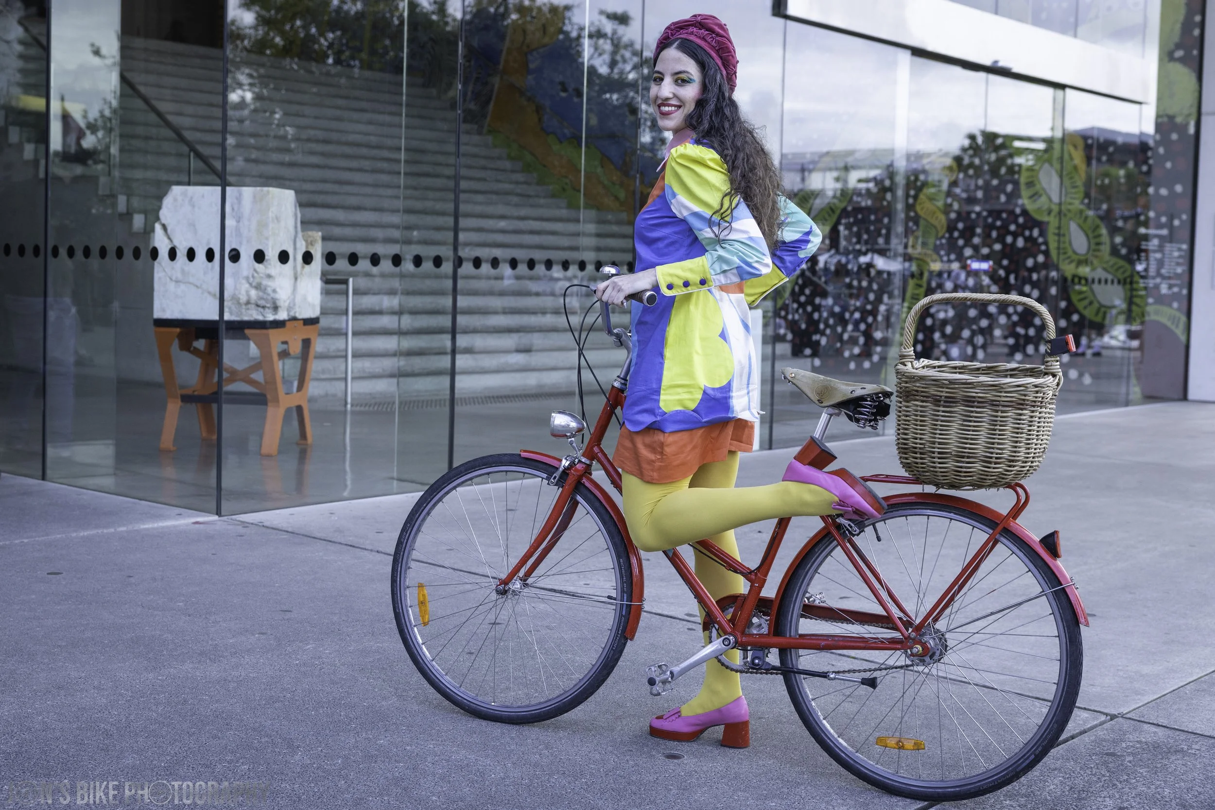 Anyi on her bike, practicing sustainable transport and sustainable fashion, Australian Fashion Week, Sydney, NSW, May 2026