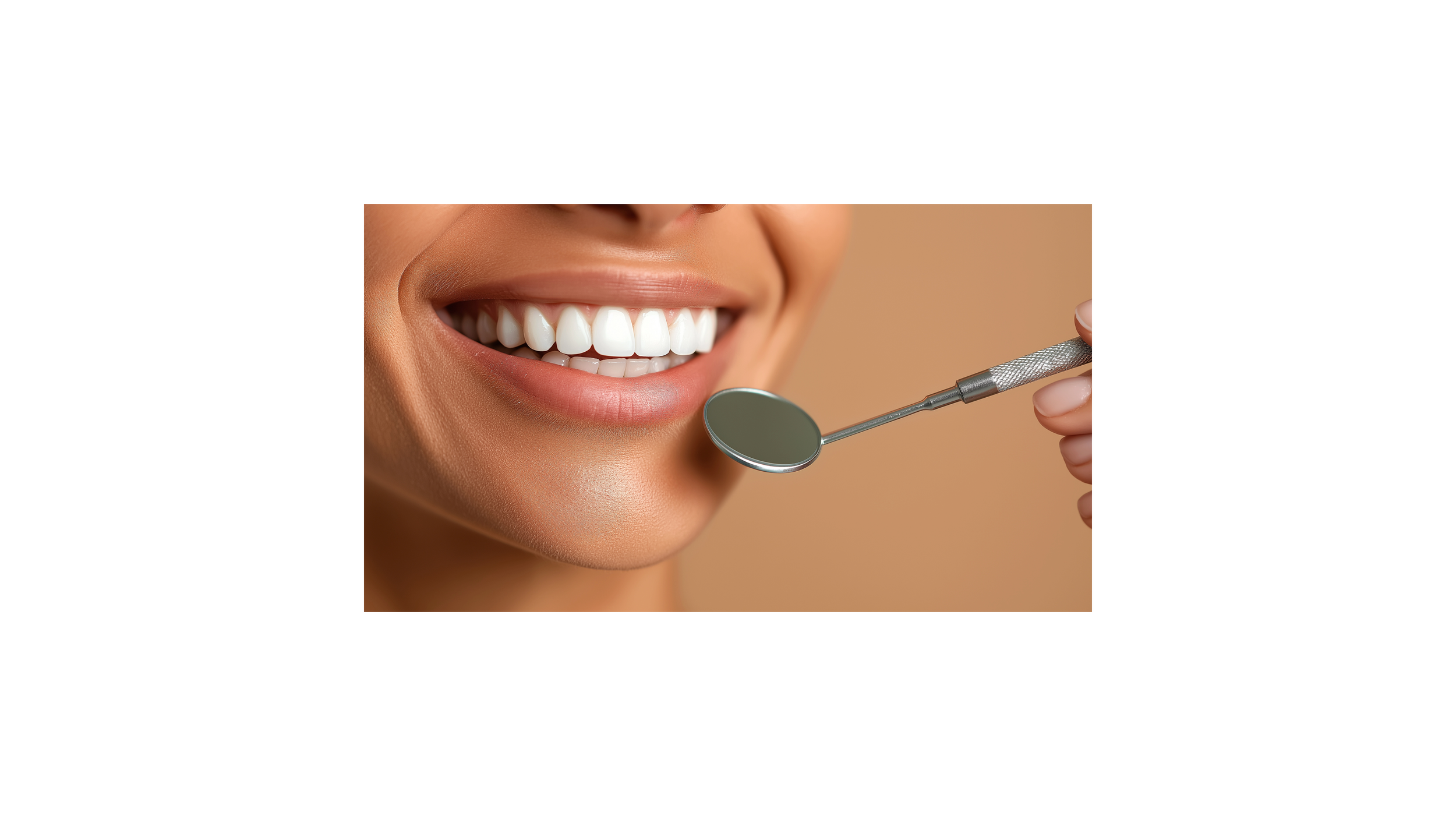 Close-up of a smiling woman with white teeth, holding a dental mirror near her teeth.