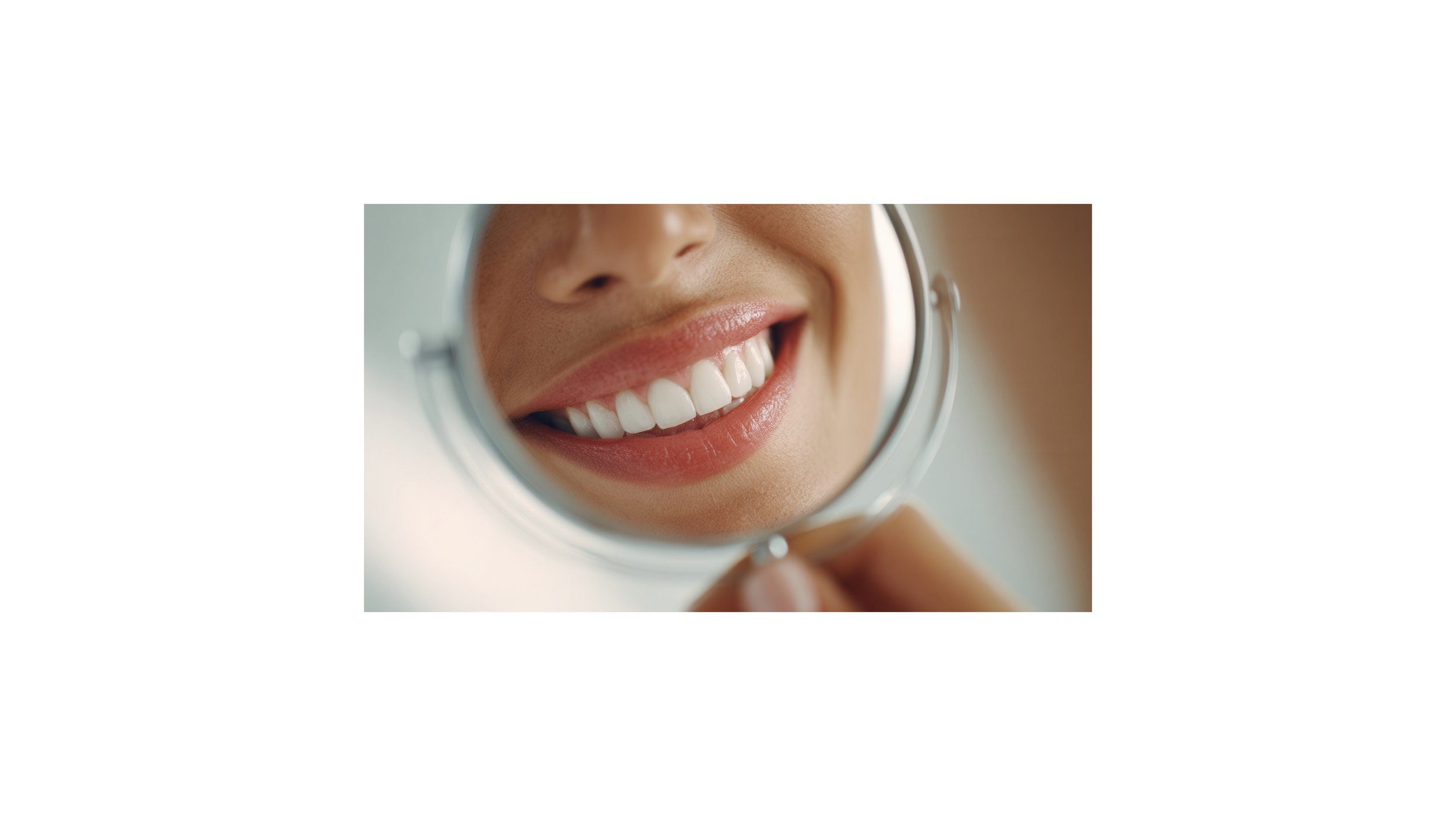 Close-up of a person's face looking into a mirror, smiling, showing teeth, with the focus on lips and teeth.