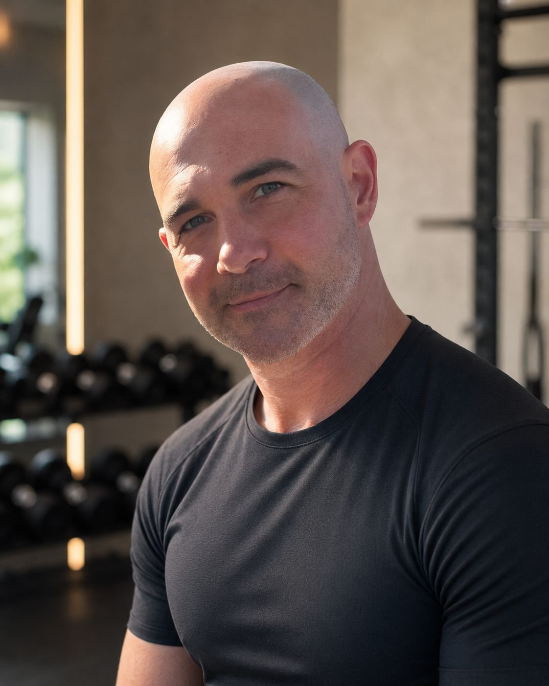 A bald man with light skin, blue eyes, slight beard, wearing a black T-shirt, sitting in a gym with dumbbells in the background.