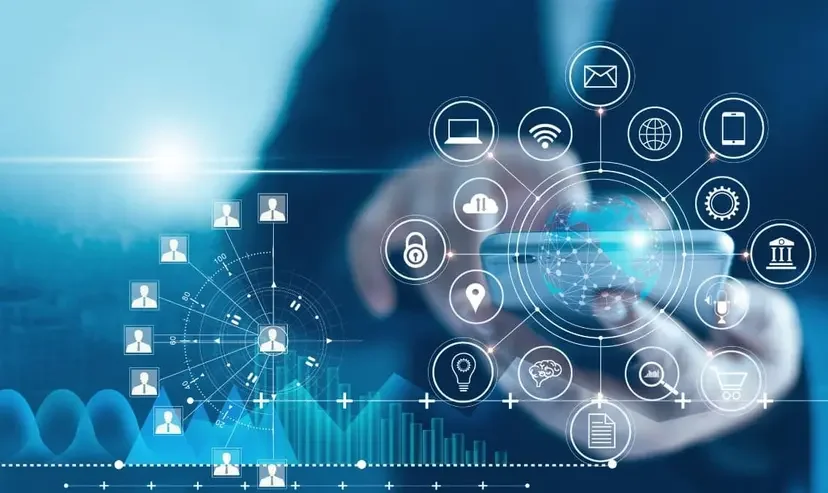 Hands using a smartphone with digital icons representing technology and connectivity, artificial intelligence and data.