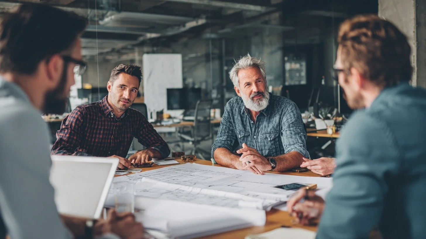 Four men in a modern office sitting around a table with blueprints, discussing a project.