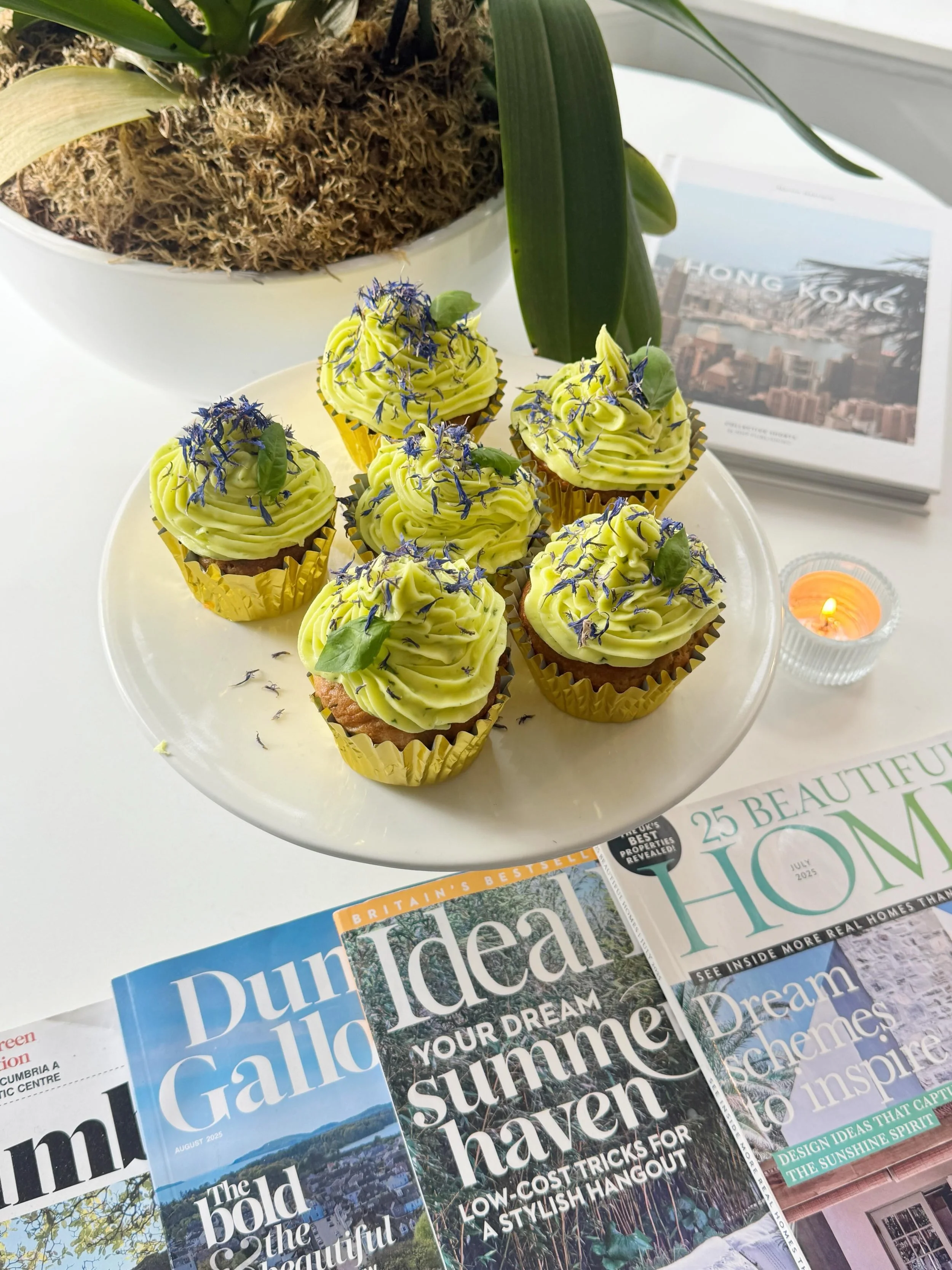 My friend was round for dinner on Friday night. I was in the mood to bake so I put together these cupcakes. They are basil, lemon &amp; white chocolate. I am loving decorating with dried flowers at the moment too! Cupcakes are so easy to make and loo