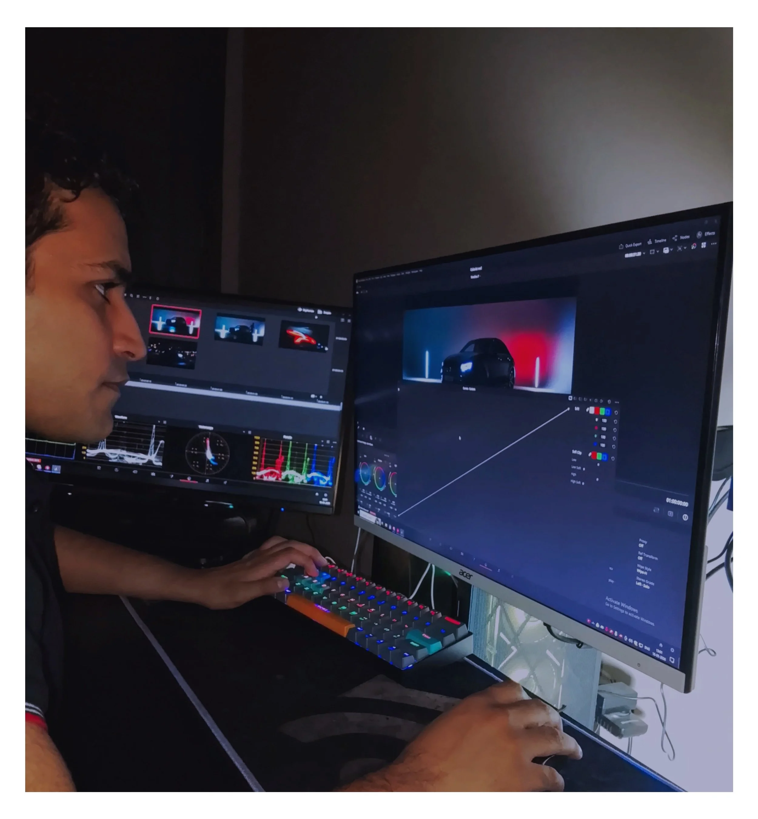 Person working on a computer with multiple monitors displaying graphs and images, using a colorful mechanical keyboard and mouse. Color grading for a commercial