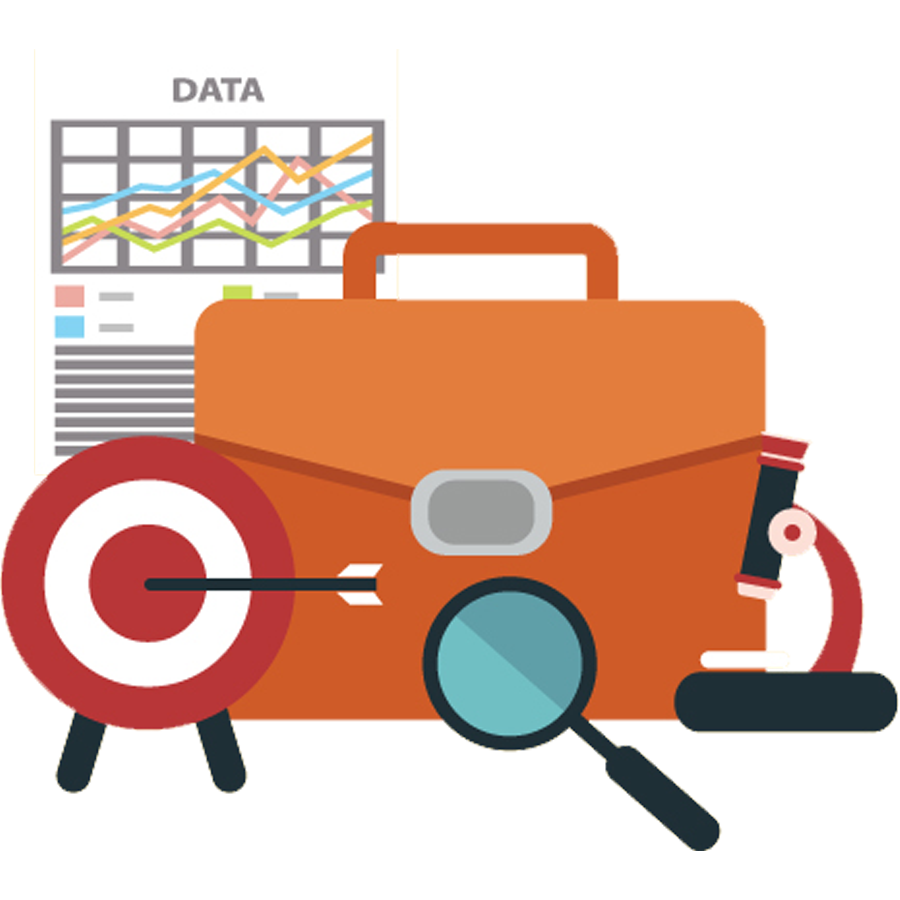 Business and research tools including a target with an arrow, a magnifying glass, a briefcase, a chart with data, a microscope, and a file folder.