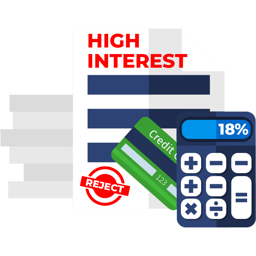 Financial documents with a high interest rate, rejection stamp, a credit card, a calculator showing 18% interest, and financial symbols.