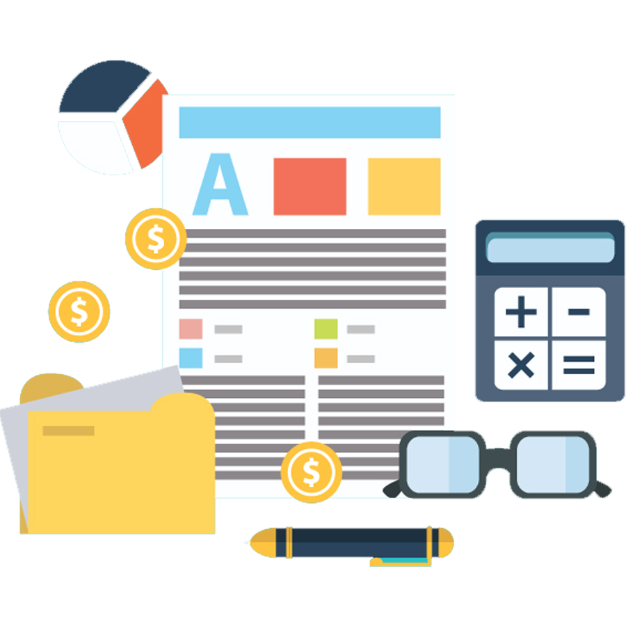 Illustration of financial documents, calculator, glasses, and office supplies on a desk.