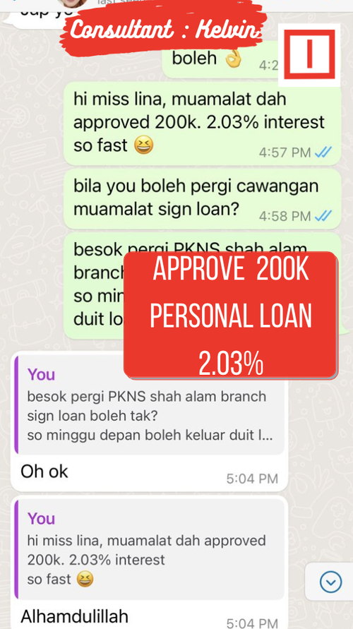 Screenshot of a WhatsApp conversation about a personal loan approval of 200,000 with 2.03% interest, including a red banner labeled "APPROVE 200K PERSONAL LOAN 2.03%" and chat messages in Malay about loan approval.