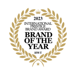 2023 International Prestige Brand Award emblem with gold laurel wreath and bold black text
