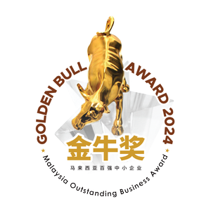 Golden bull sculpture standing on a circular award plaque with Chinese characters and English text, 'Golden Bull Award 2024'.