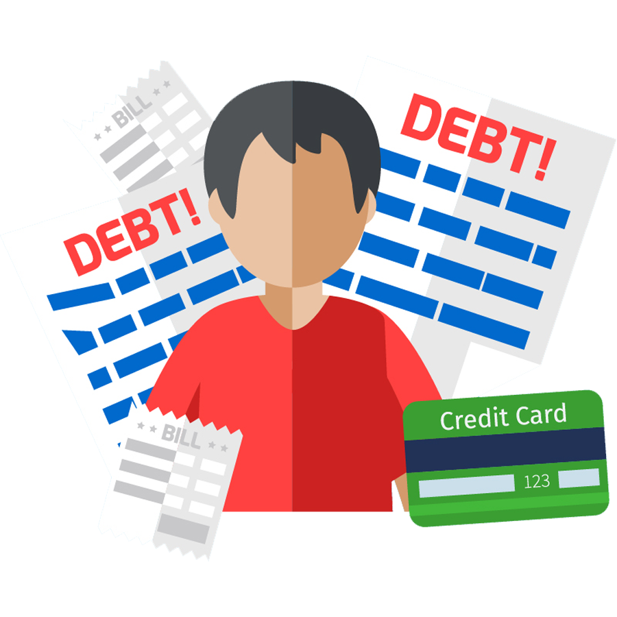 A person surrounded by bill and debt notices, with a credit card in front.