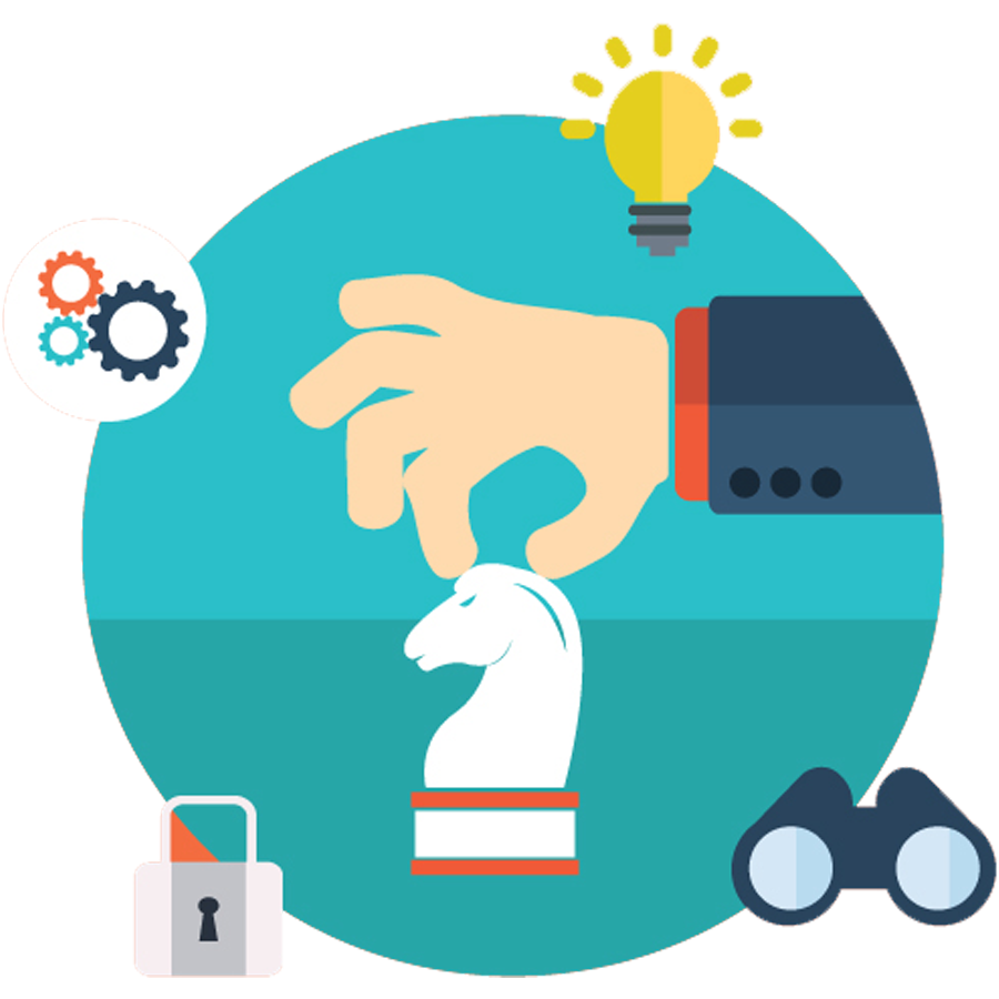 A hand moving a chess piece shaped like a white horse, with icons of gears, lightbulb, lock, and binoculars surrounding it.