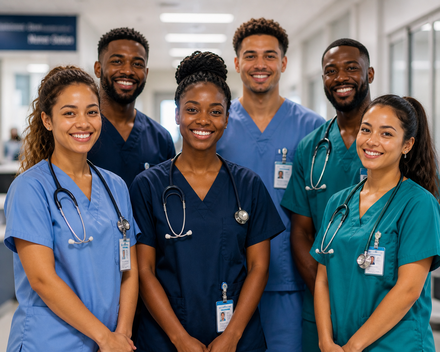 Group of six diverse healthcare professionals in scrubs with stethoscopes smiling in hospital corridor.