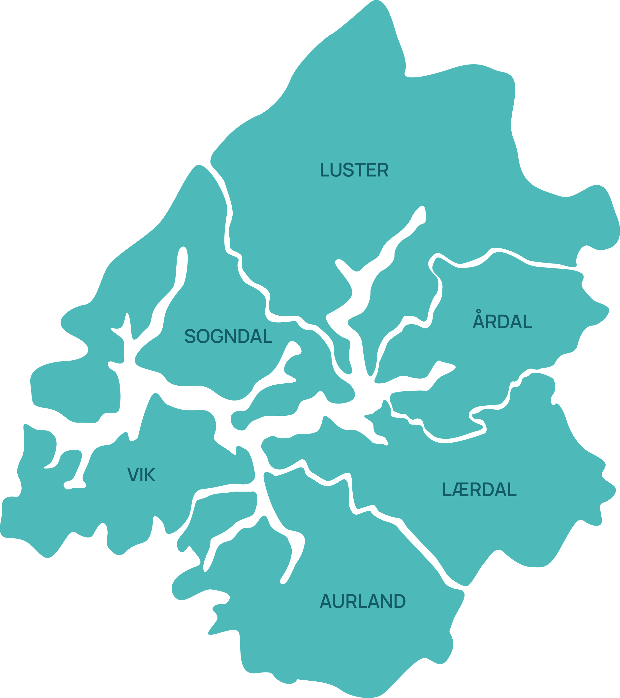 Kart over deler av Sverige med regioner merket i blått, inkludert LUSTER, SOGNDAL, VIK, ÅRDAL, LÆRDAL. Disse er plassert i midtre deler av kartet.
