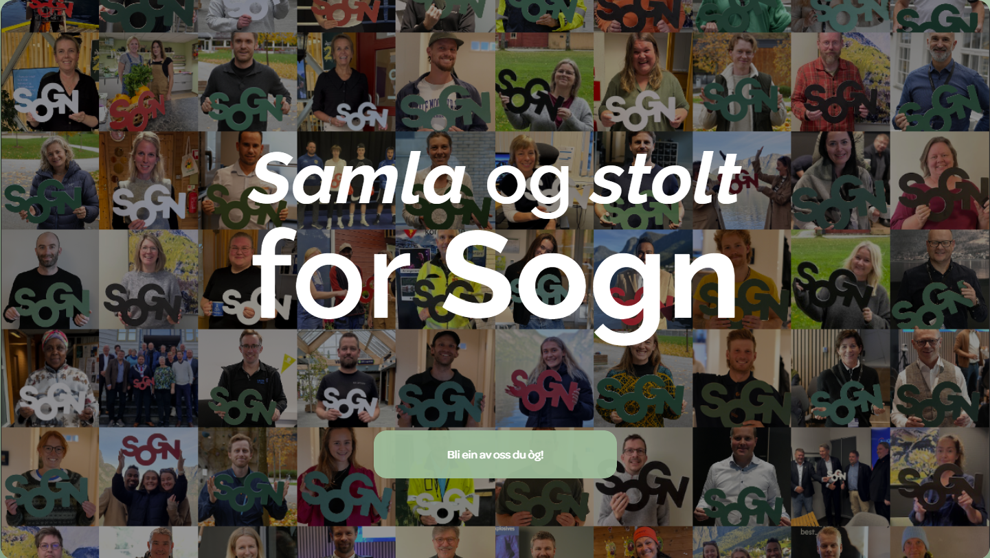 En collage av flere personer som holder opp logoen til Sogn og Fjordane Næringsråd (SGN), med teksten "Samla og stolt for Sogn" i midten.