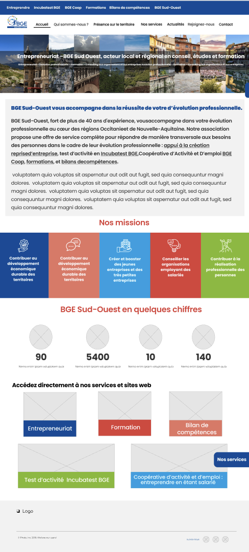 Page d'accueil d'un site web institutionnel de BGE Sud-Ouest, avec menu de navigation, bannière avec images de paysages urbains et naturels, section sur l'accompagnement pour l'évolution professionnelle, missions et chiffres clés, liens vers services en ligne et identification de logo en bas.