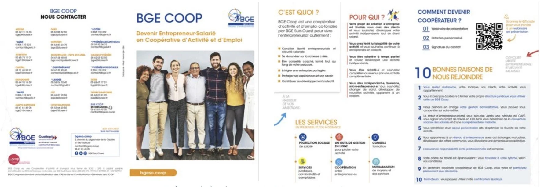 Une brochure promotionnelle de BGE Coop présentant ses services pour devenir entrepreneur-salarié en coopérative, avec une photo de groupe de personnes diverses et différentes sections d'informations.