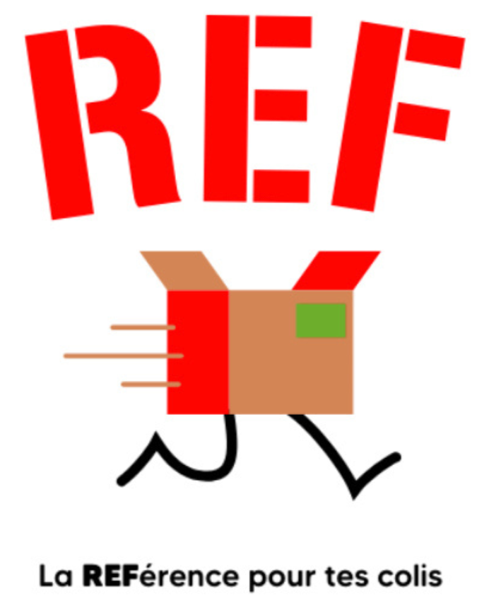 Logo de la marque REF avec un emballage en forme de boîte à marche rapide, avec des jambes et du texte sur fond blanc, indiquant "La REFErence pour tes colis".