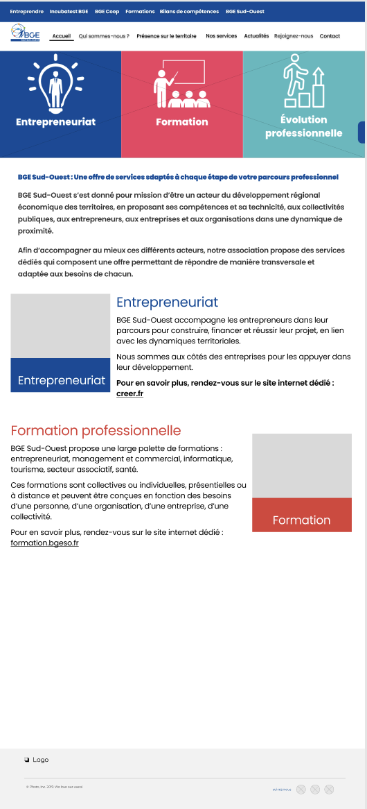 Page d'accueil d'un site web de l'organisme BGE Sud-Ouest, présentant des sections sur l'entrepreneuriat, la formation professionnelle, et l'évolution professionnelle, avec des icônes illustratives et des descriptions textuelles en français.
